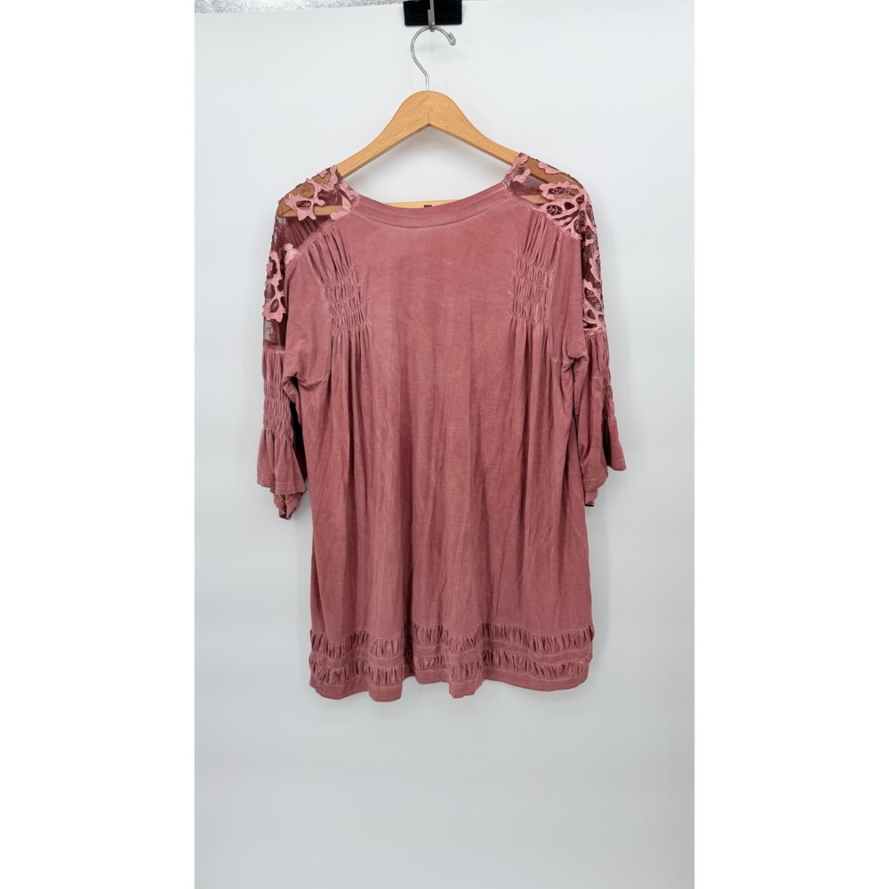 POL Tunic Top Lace Shoulder Smocked Detail Oversized Boho Chic Pink SM** - Picture 2 of 12